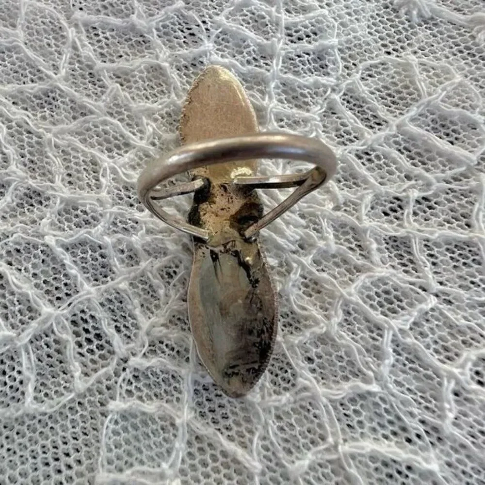 Vintage Native Turquoise Inlay Zuni Dishta Long Ring